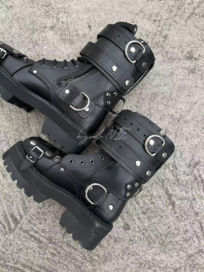 Revised Vetements FW19 High-Top Biker Boots - Metal Buckle & Rivet Strap - donclickin