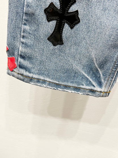 Revised Chrome Hearts Cross Patch Jeans - Leopard & Leather Appliqué Vintage Denim