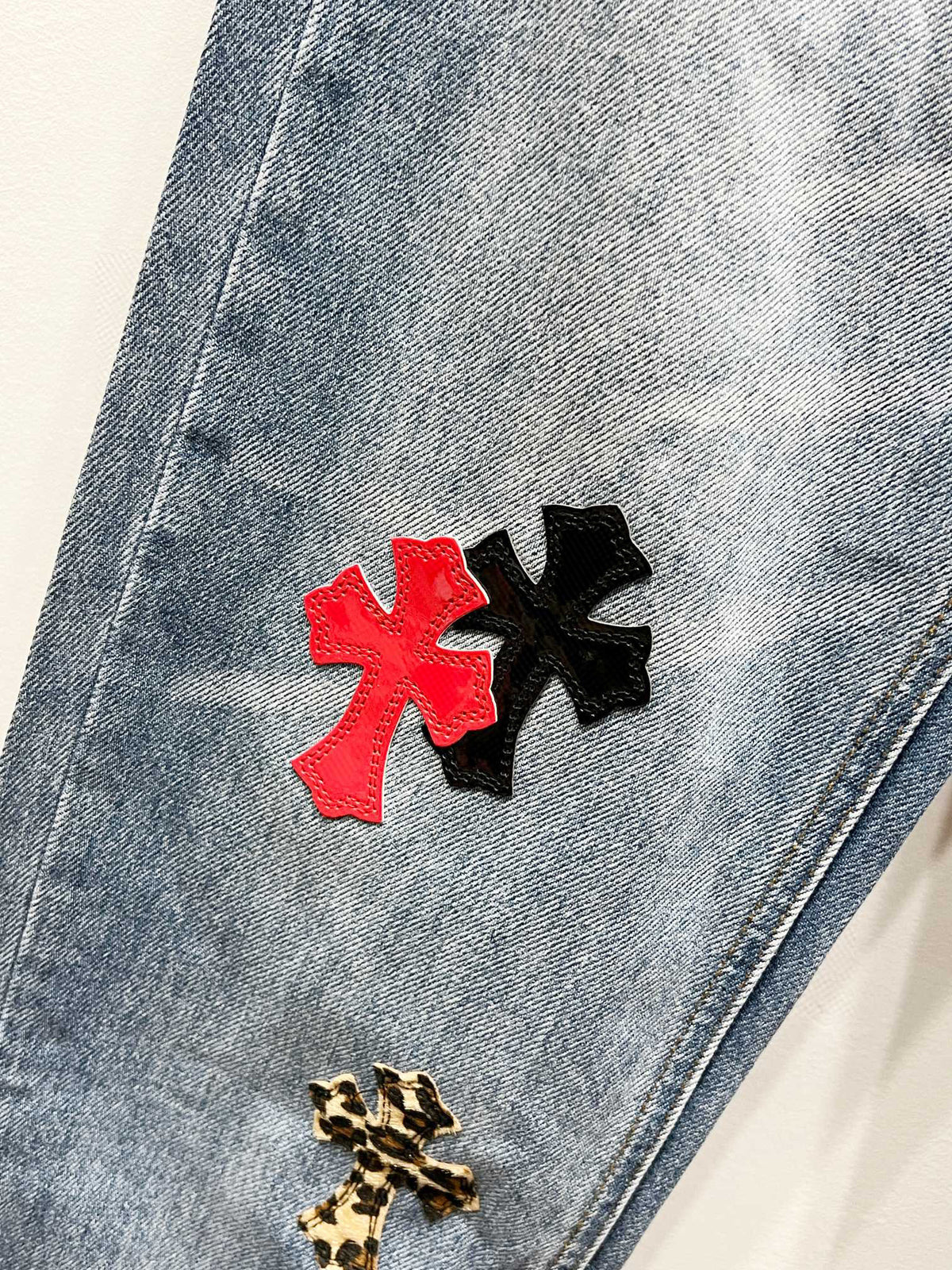 Revised Chrome Hearts Cross Patch Jeans - Leopard & Leather Appliqué Vintage Denim