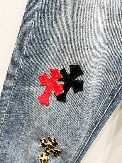 Revised Chrome Hearts Cross Patch Jeans - Leopard & Leather Appliqué Vintage Denim