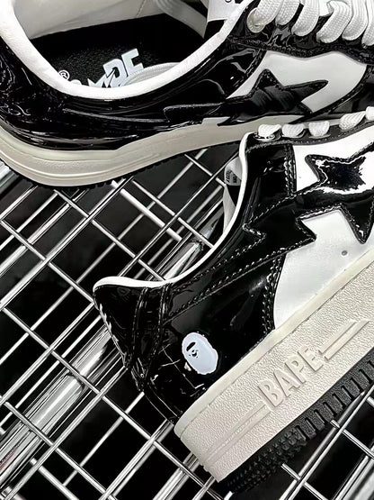Bape Sta Low Silhouette - Black Patent Leather Skate Sneakers  