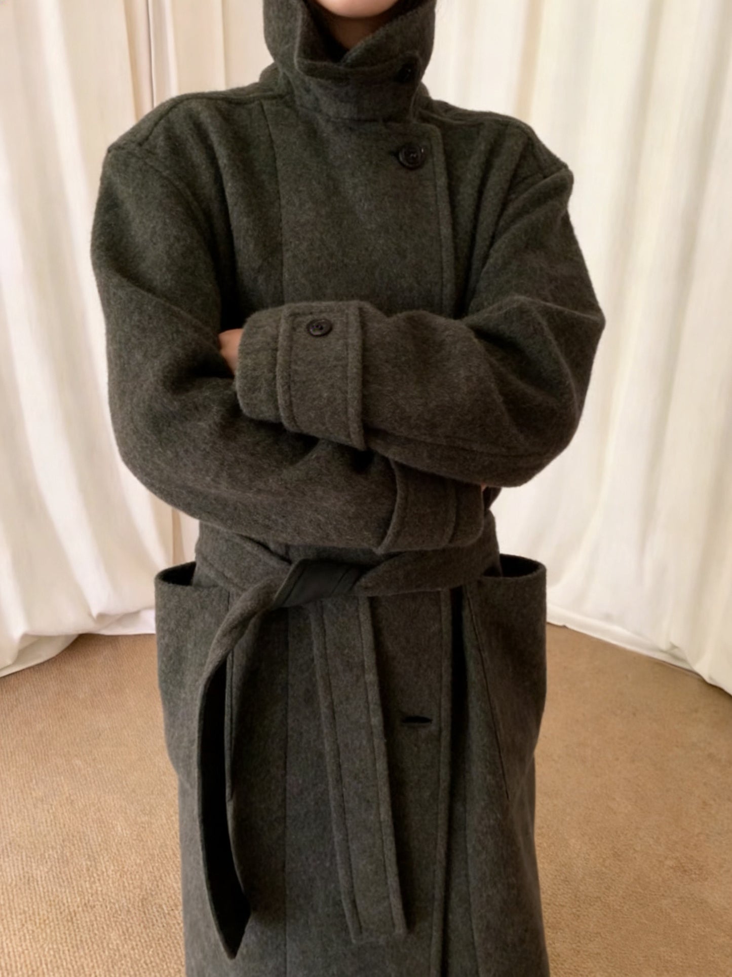 Revised Lemaire Alpaca Wool Blend Coat - Convertible Collar Tie-Belt Overcoat - donclickin