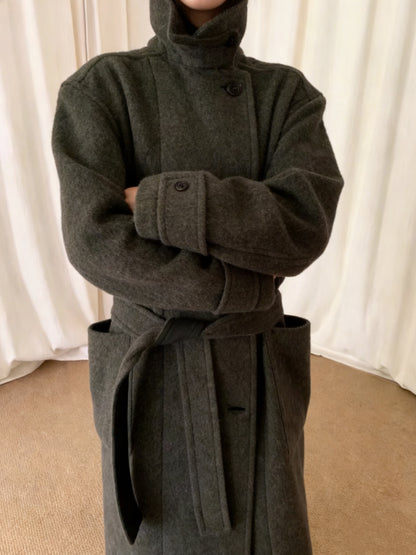 Revised Lemaire Alpaca Wool Blend Coat - Convertible Collar Tie-Belt Overcoat - donclickin