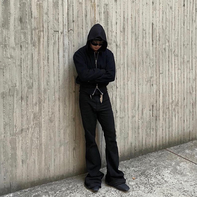 RO Bolan Bootcut Jeans - Rick Owen Brushed Black Stretch Flared Denim