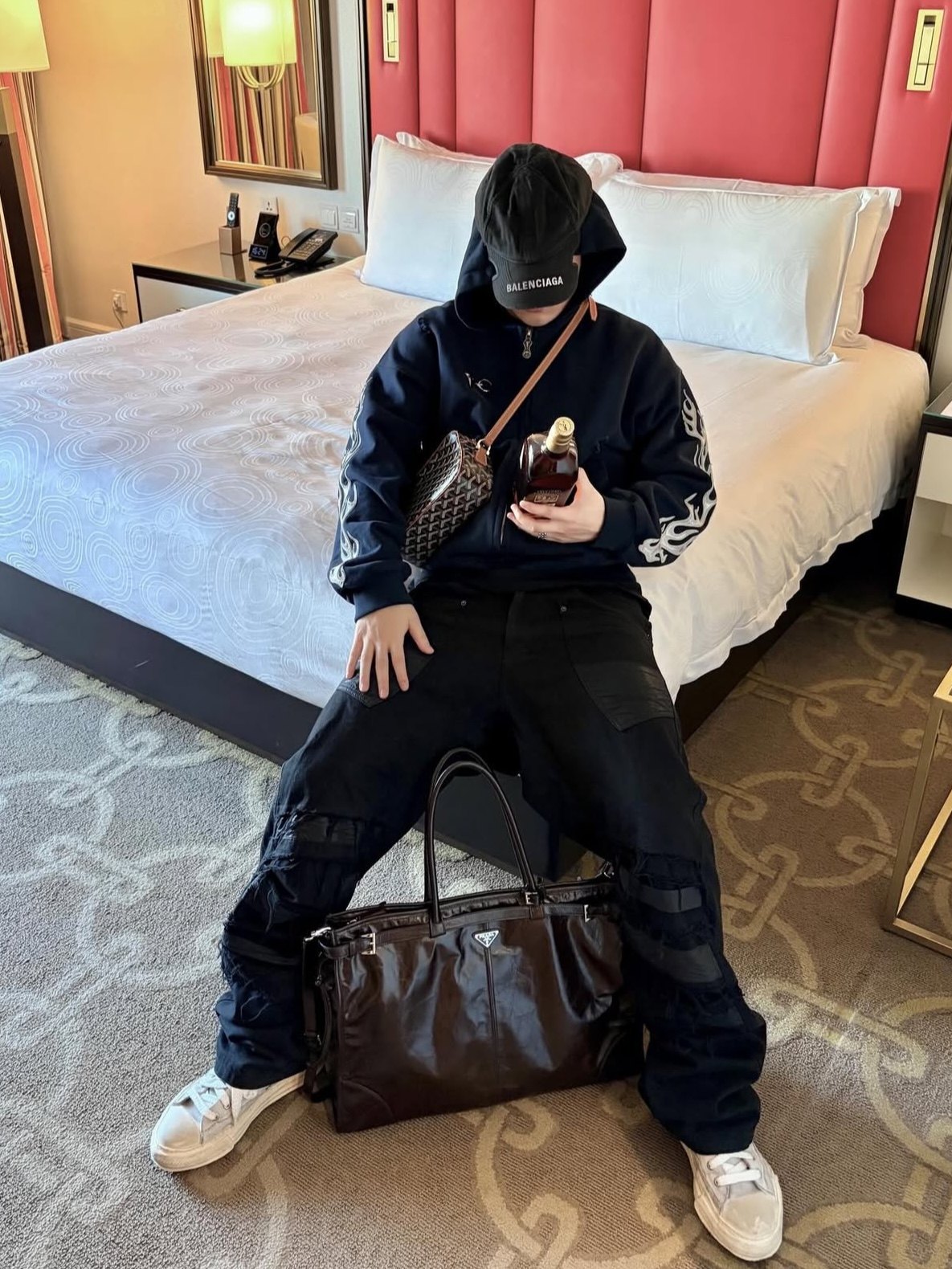 Revised Thug Club Leather Flame Cropped Hooded Zip-Up - Washed Black  