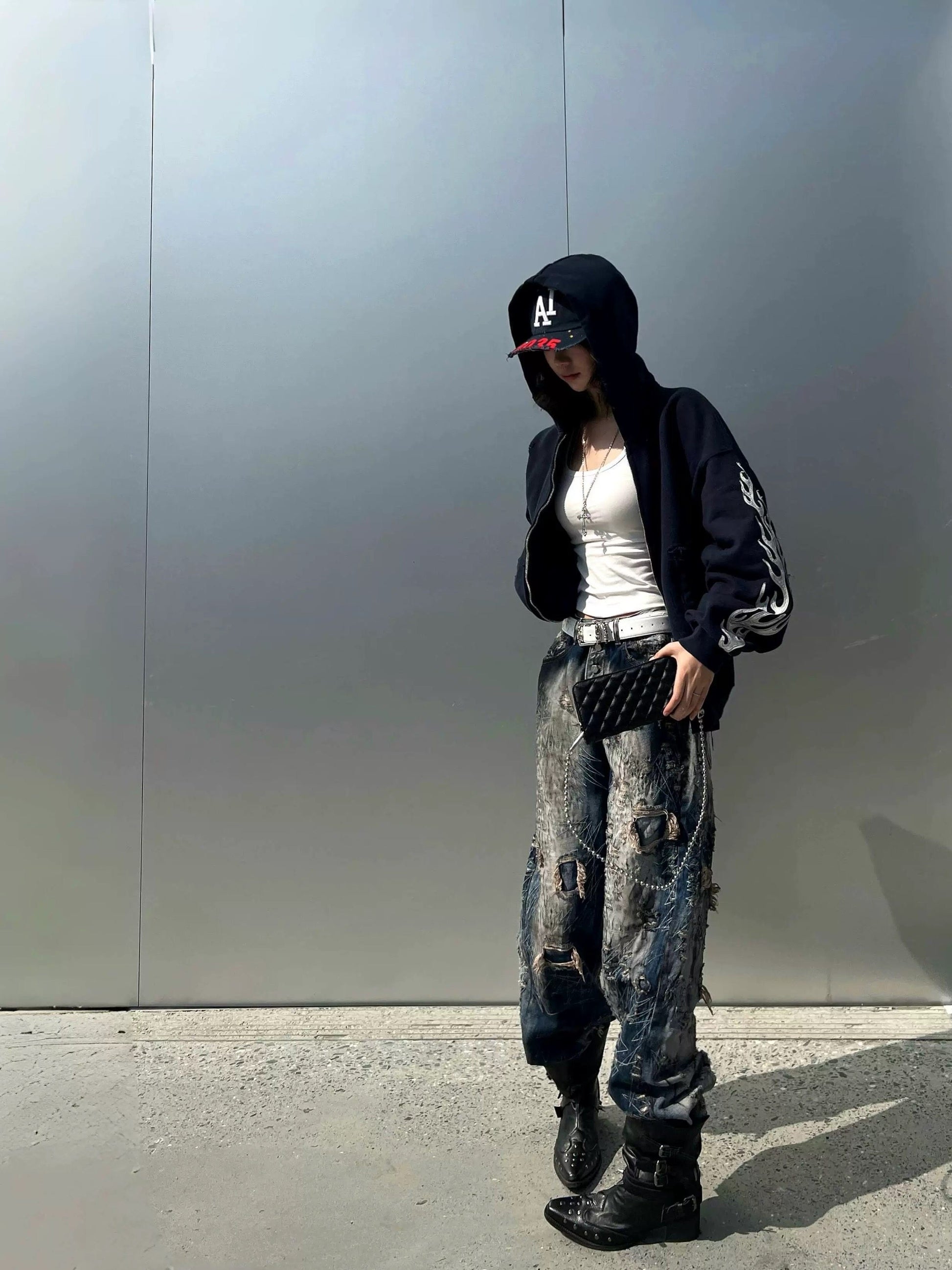 Revised Thug Club Leather Flame Cropped Hooded Zip-Up - Washed Black  