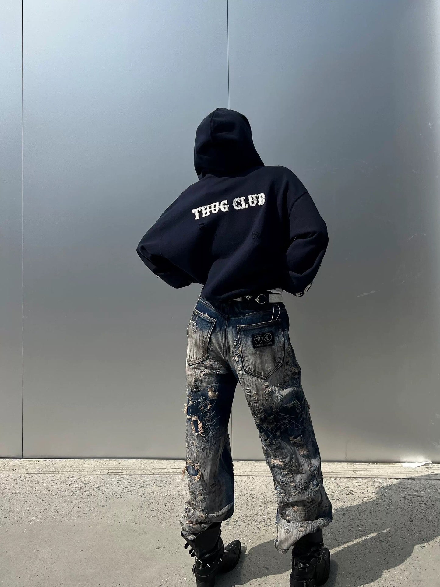 Revised Thug Club Leather Flame Cropped Hooded Zip-Up - Washed Black  
