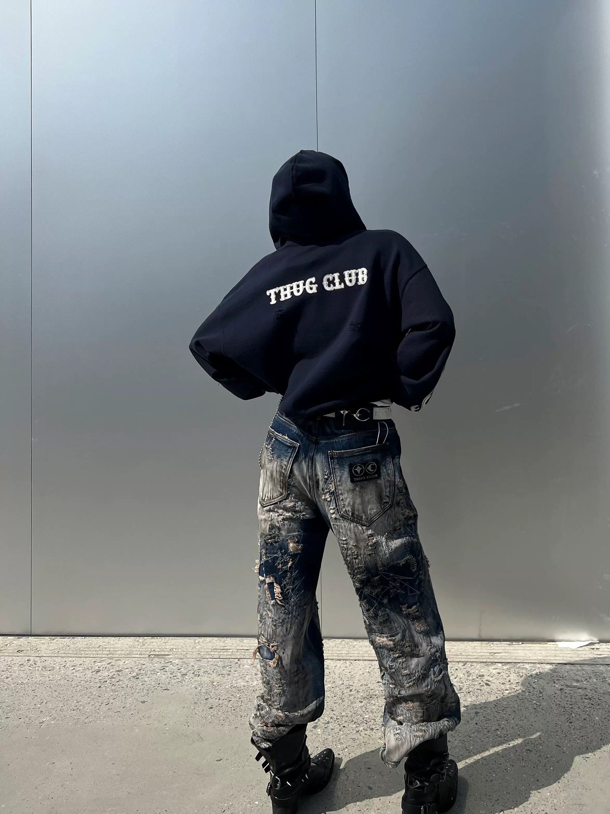 Revised Thug Club Leather Flame Cropped Hooded Zip-Up - Washed Black  