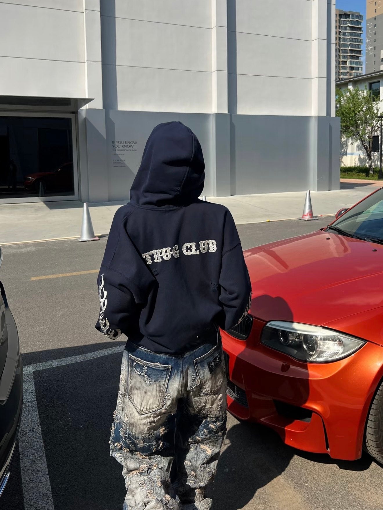 Revised Thug Club Leather Flame Cropped Hooded Zip-Up - Washed Black  