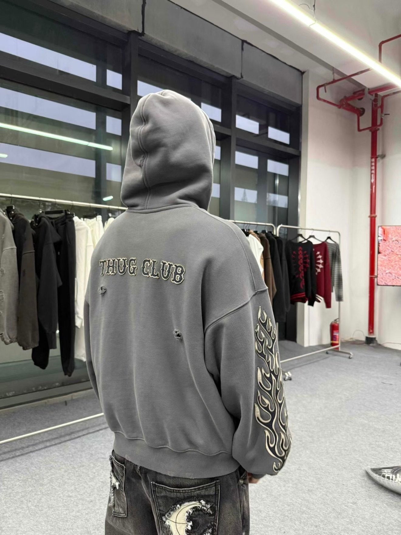 Revised Thug Club Leather Flame Cropped Hooded Zip-Up - Washed Black  