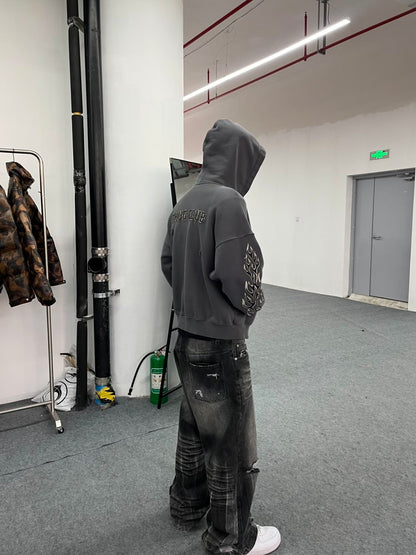 Revised Thug Club Leather Flame Cropped Hooded Zip-Up - Washed Black  