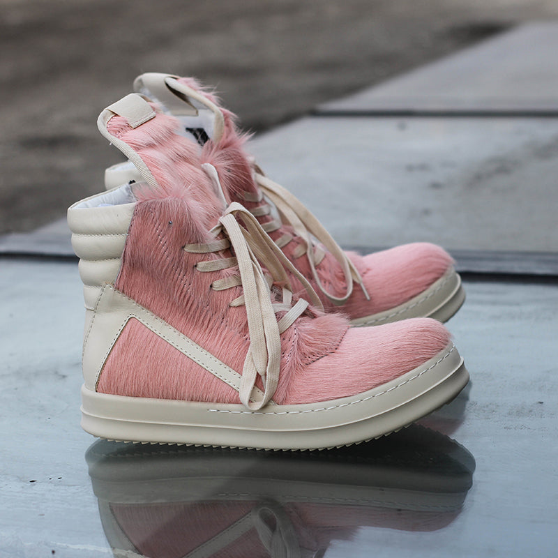 24SS Pony Hair RO High-Top Sneakers – Leather Thick Sole Casual Shoes Unisex - Pink