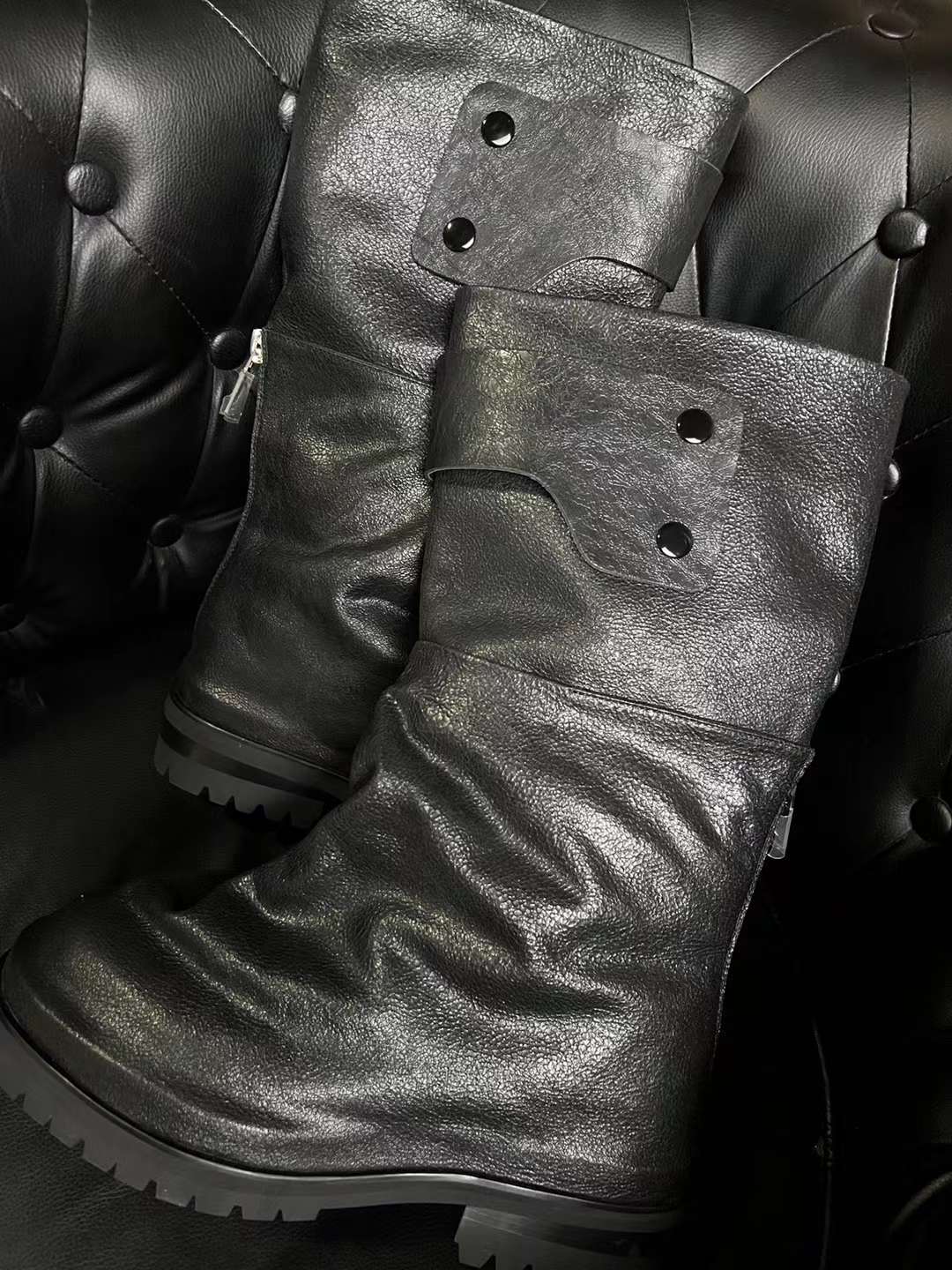 424 Distressed Leather Slouch Boots Oversized Crinkled Biker High Boots - No Lace-up