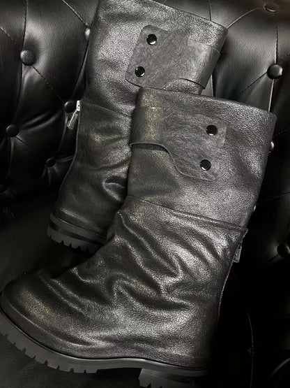 424 Distressed Leather Slouch Boots Oversized Crinkled Biker High Boots - No Lace-up