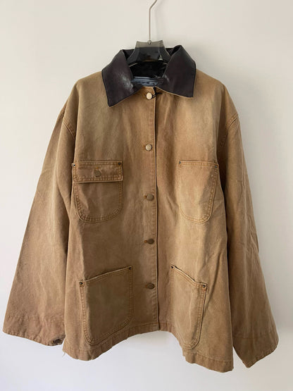 24SS Goatskin Patchwork Workwear Jacket with Leather Collar-Oversized Silhouette - Khaki