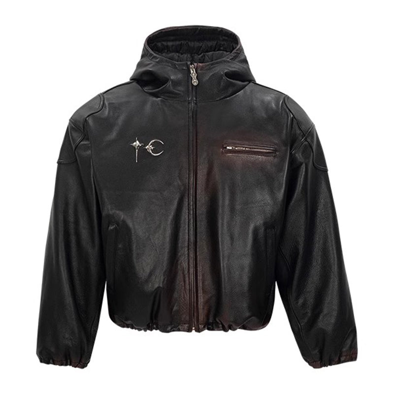 Thug Club Heavyweight Washed Goatskin Hooded Leather Short Padded Jacket