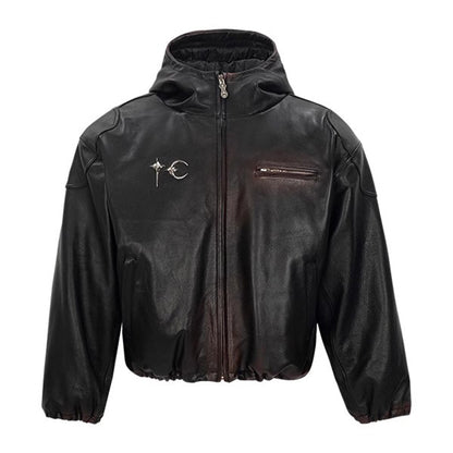 Thug Club Heavyweight Washed Goatskin Hooded Leather Short Padded Jacket
