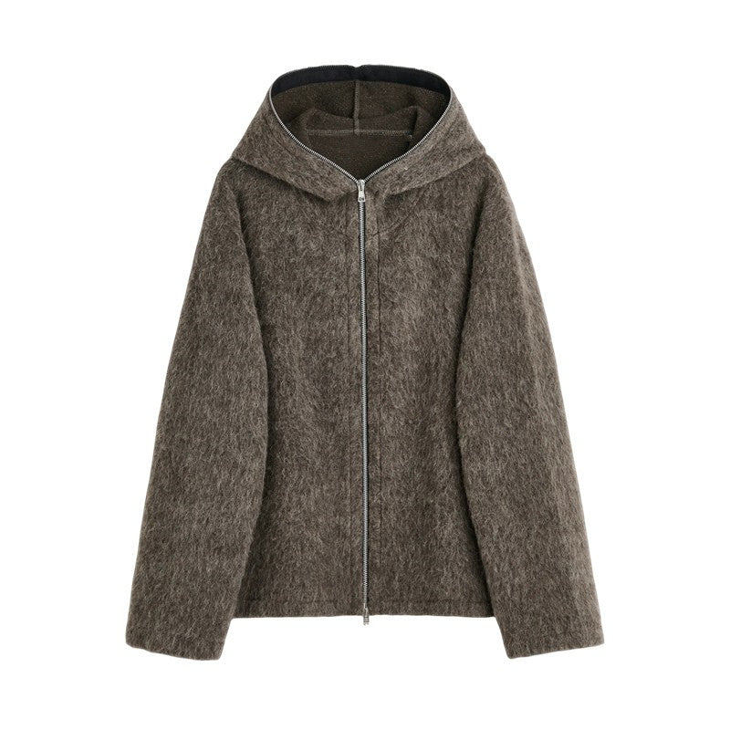 Our Legacy Grey Mohair Zip Cardigan – Wool Blend Relaxed Hooded Knit