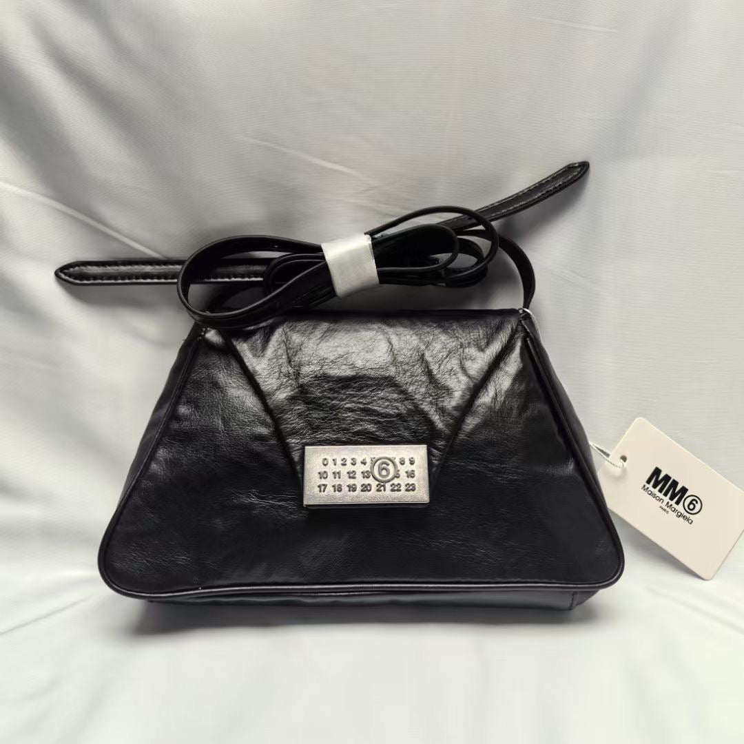 MM6 Maison Vintage Distressed Embossed Flap Messenger Margiela Leather Bag - Black