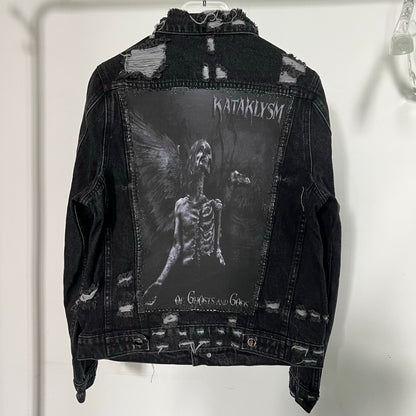 AMIRI Kill Back Denim Jacket - High Street Raw Hem Random Embroidered Patches - Angel