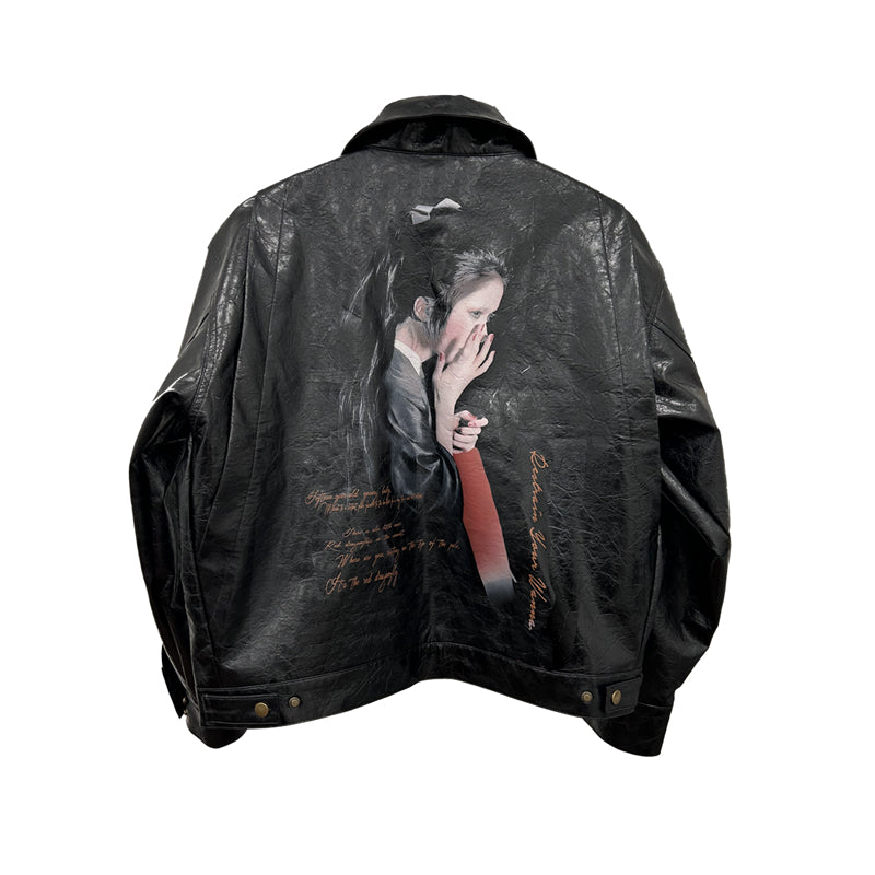 25SS Yohji Dark Vibe Dragonfly & Woman Ink Print Wrinkled Waxed Leather Jacket - Oily black