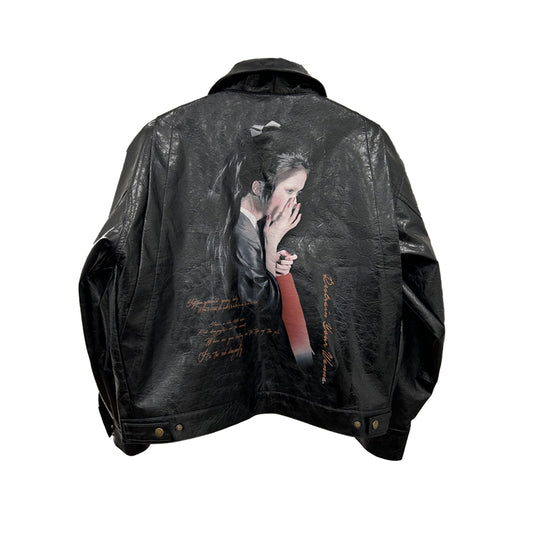 25SS Yohji Dark Vibe Dragonfly & Woman Ink Print Wrinkled Waxed Leather Jacket - Oily black