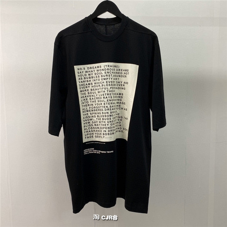 Dark Avant-garde Rick Owen Slogan RO Print Oversized Short Sleeve Tee - Black