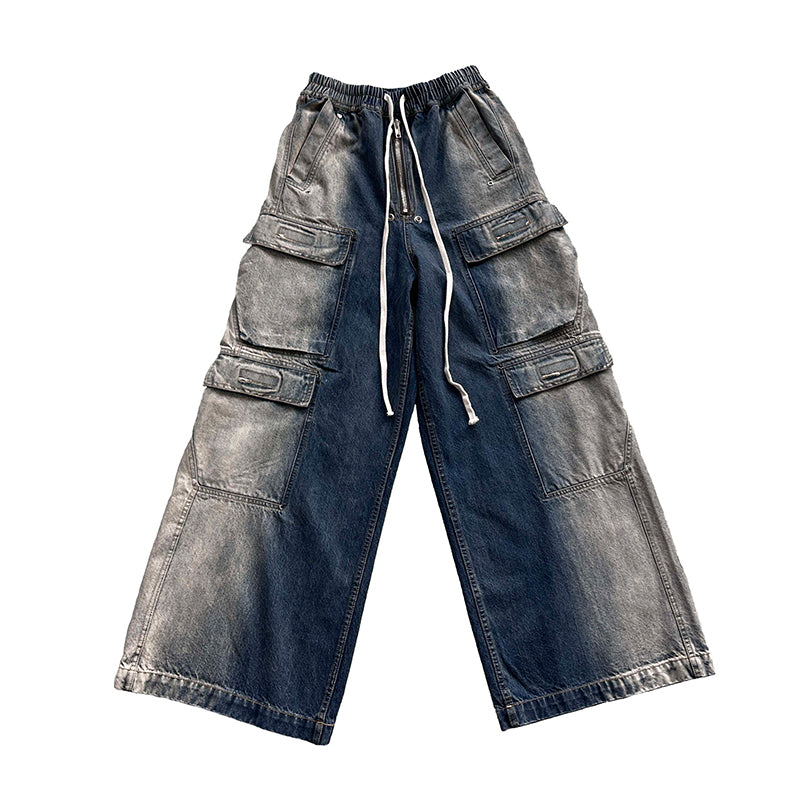 Ro Washed Gradient Multi-Pocket Cargo Jeans Straight Drawstring Wide-Leg Flare - Size avaliable S 46 M 48 L 50