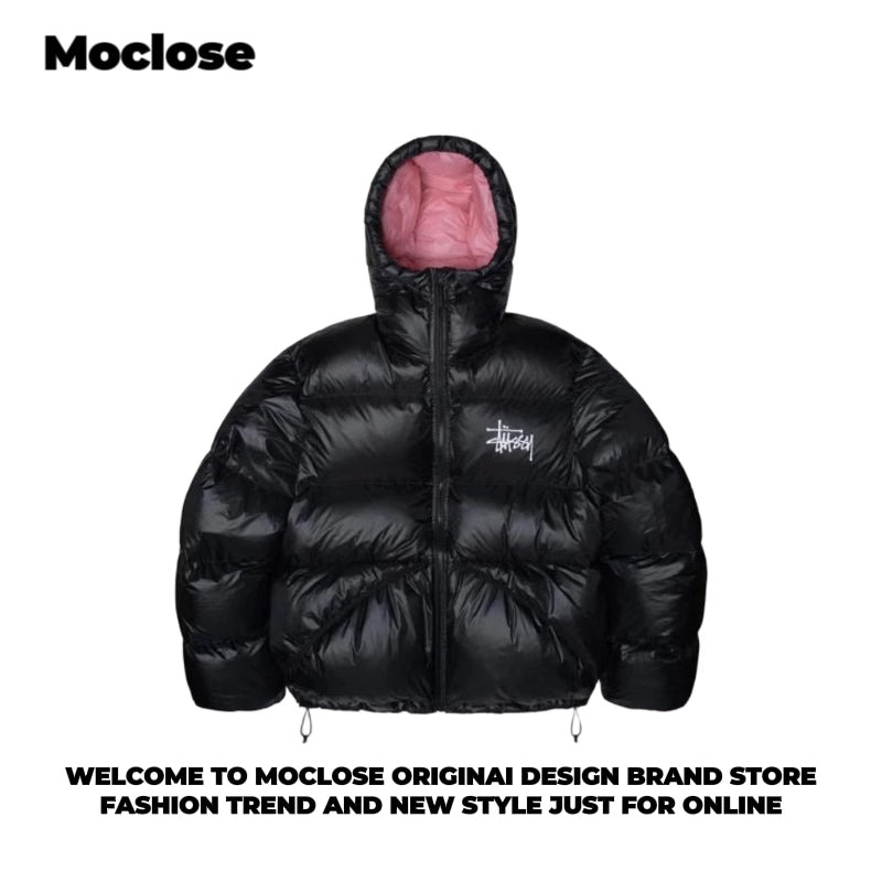 STUSSY 23FW Micro Ripstop Down Parka Black Pink Solid Color Zip Hooded Down Jackets