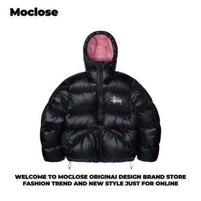 STUSSY 23FW Micro Ripstop Down Parka Black Pink Solid Color Zip Hooded Down Jackets