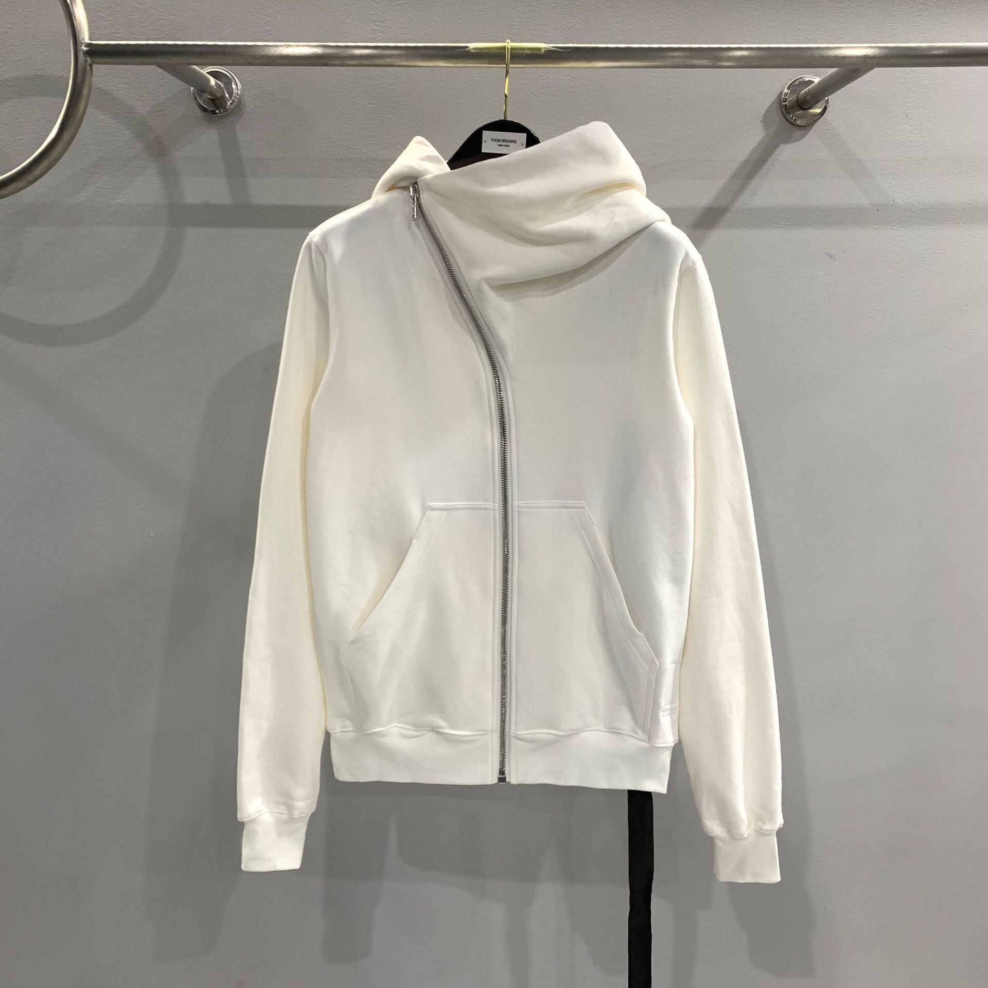 RO Dark Wizard Rick Owen Hoodie - Asymmetric Zip Avant-garde Black Winter Fleece