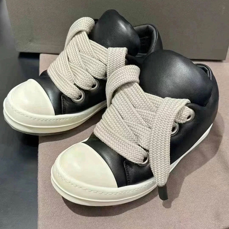 Custom-made Rick Owen Leather Platform Bread Sneakers BAPESTALOW Padded Shoes Inflatable - Black Sheepskin