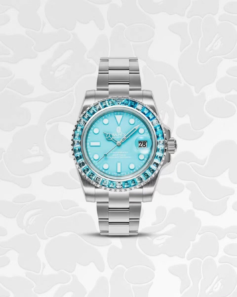 TYPE-1 BAPEX "EMERALD ICE" Mechanical Watch - Tiffany Blue Diamond Edition -  Tiffany Blue