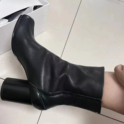 25AW Women’s Tabi Heel Boots - 8cm Stiletto Calfskin Split-Toe Ankle Boots - Black 8cm