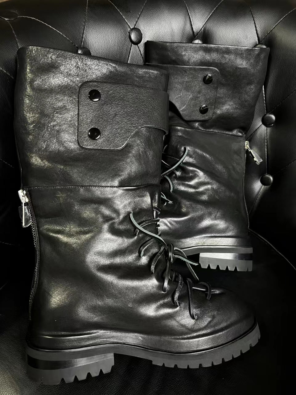 424 Distressed Leather Slouch Boots Oversized Crinkled Biker High Boots - Lace-up