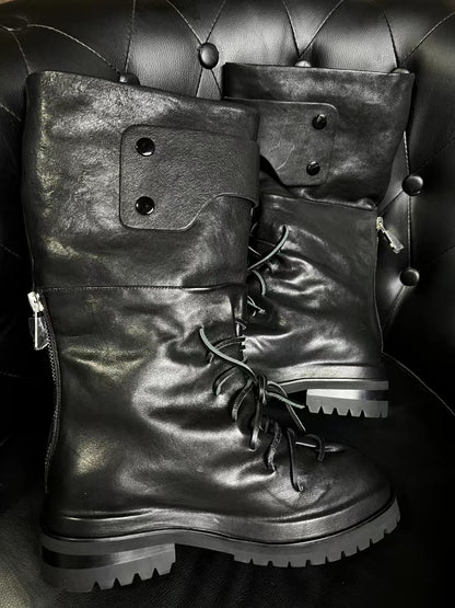 424 Distressed Leather Slouch Boots Oversized Crinkled Biker High Boots - Lace-up