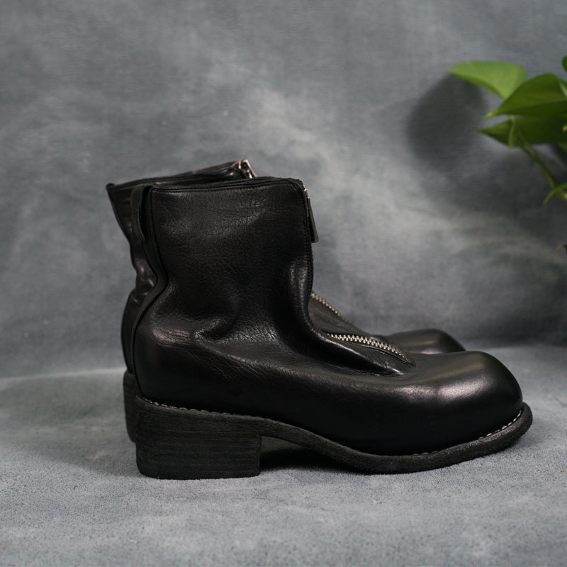 Guidi Horse Leather Distressed Chunky Heel Mid-Calf Ankle Boots PL1/2 Front-Zip