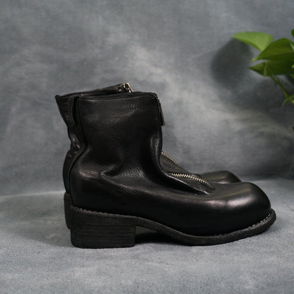 Guidi Horse Leather Distressed Chunky Heel Mid-Calf Ankle Boots PL1/2 Front-Zip