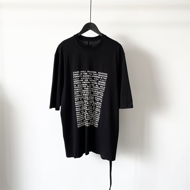 Dark Avant-garde Rick Owen Slogan RO Print Oversized Short Sleeve Tee - Black With ribbon