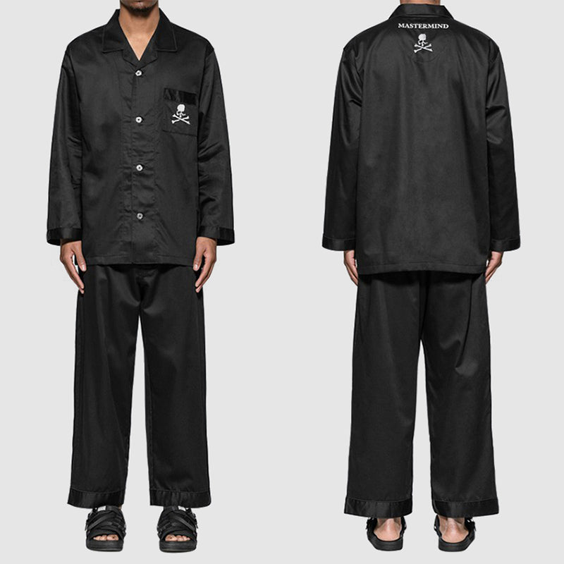 MASTERMIND Ice-Satin Embroidered Skull Pajama Set Couples - MMJ Loungewear - set of black long-sleeved shirts