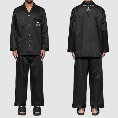 MASTERMIND Ice-Satin Embroidered Skull Pajama Set Couples - MMJ Loungewear - set of black long-sleeved shirts