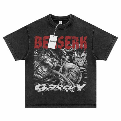 Berserk Guts The Black Swordsman Vintage Anime Print Tee Washed Short Sleeve - Washed / S