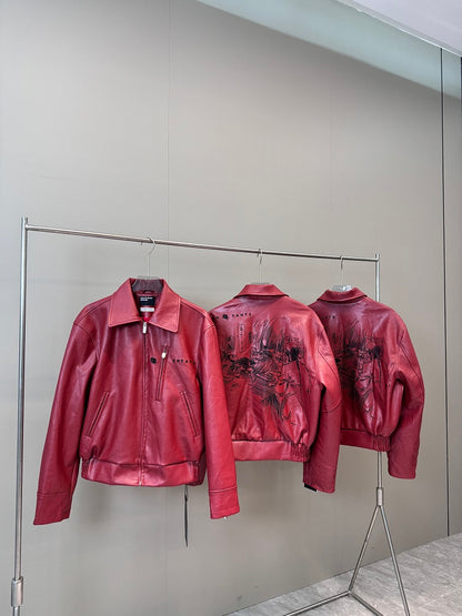 ERD Melancholic Heir PU Lambskin Jacket -Custom-Dyed Coated Cropped Leather Coat - Red