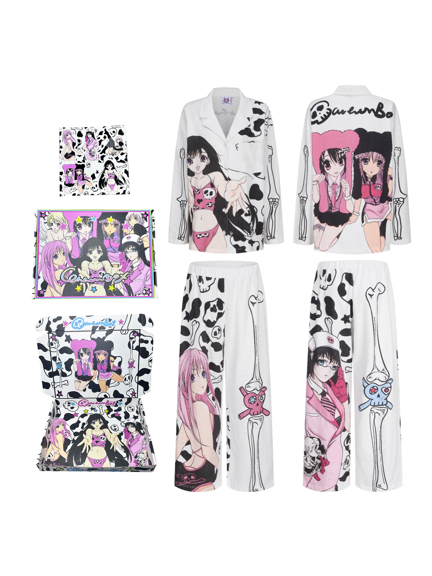 Cartoonbox Anime Full-Print Matching Pajamas for Couples – Two-Color Style - White