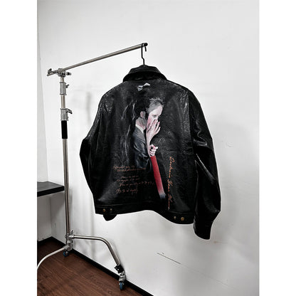 25SS Yohji Dark Vibe Dragonfly & Woman Ink Print Wrinkled Waxed Leather Jacket - Padded version