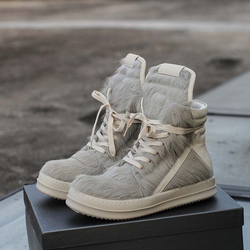 24SS Pony Hair RO High-Top Sneakers – Leather Thick Sole Casual Shoes Unisex - Grey