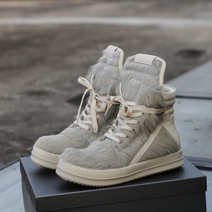 24SS Pony Hair RO High-Top Sneakers – Leather Thick Sole Casual Shoes Unisex - Grey