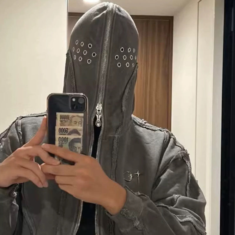 THUG CLUB Washed Wax-Dye Shark Mask Zip-Up Hoodie Outerwear Jackets