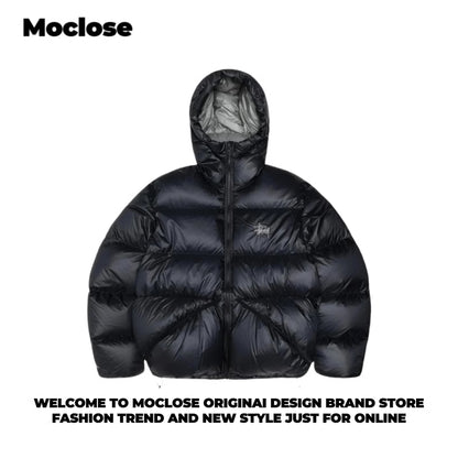 STUSSY 23FW Micro Ripstop Down Parka Black Pink Solid Color Zip Hooded Down Jackets