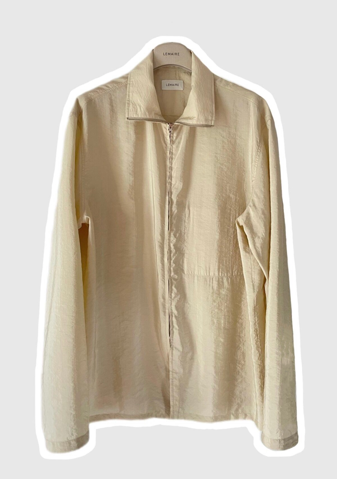 Lemaire SS19 Dry Silk Harrington Jacket - Minimalist Boxy Outerwear - Off-white turtleneck inner wear
